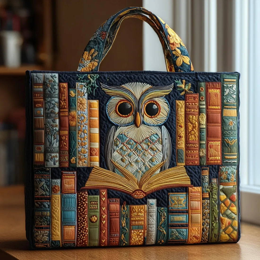 Bolso artesanal con búho entre libros antiguos
