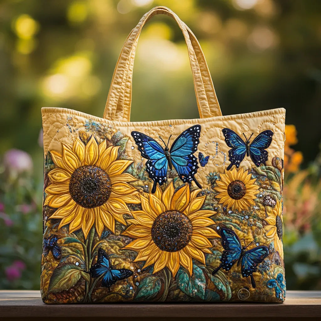 Bolso artesanal con girasoles y mariposas azules
