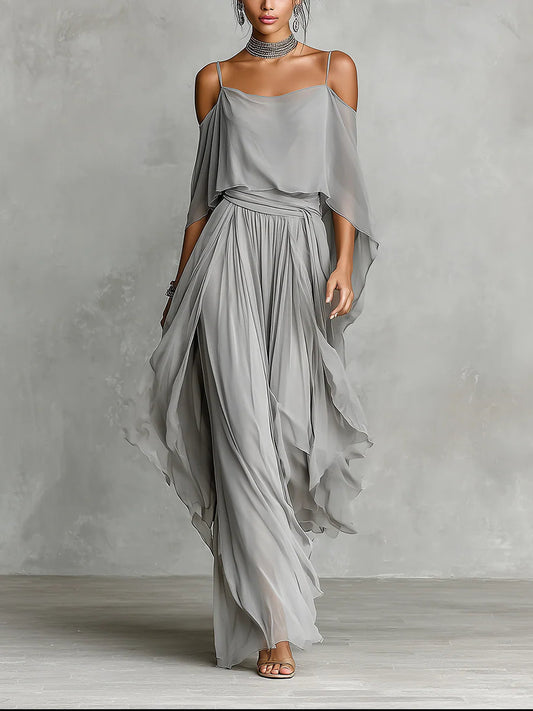 Isabella conjunto gasa gris hombros descubiertos