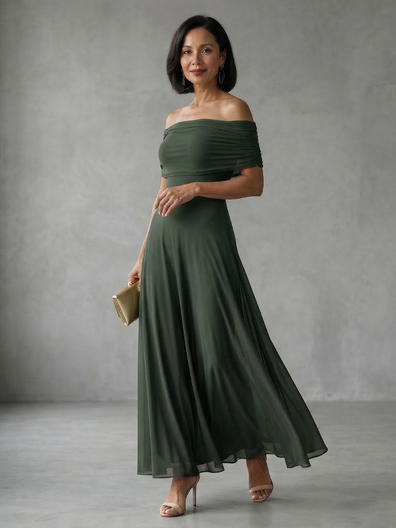 Vestido Midi Drapeado con Escote Bardot