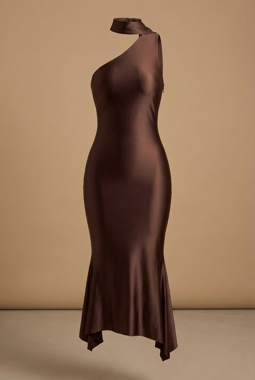 Sirena | Asymmetric Cocoa Satin Midi Dress
