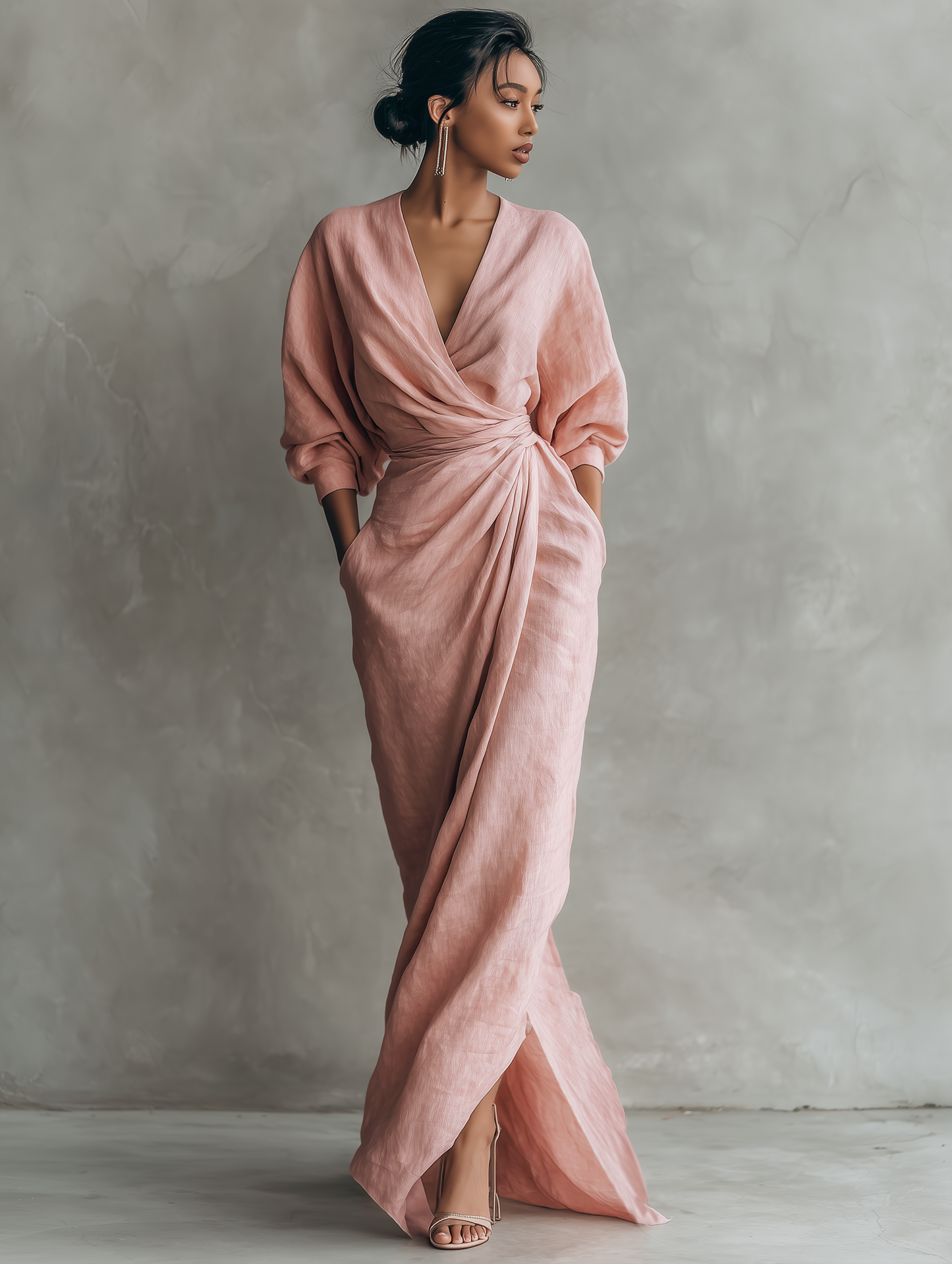 Vestido maxi lino marrón