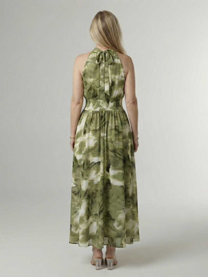 Vestido Midi Halter con Cintura Fruncida