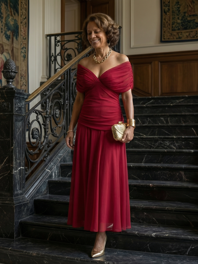 Calen | Vestido Midi Fluido con Escote Bardot