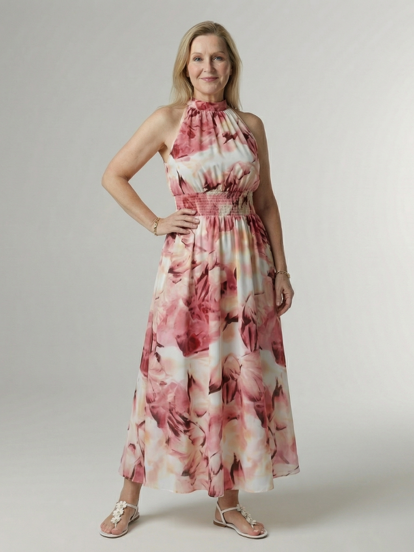 Vestido Midi Halter con Cintura Fruncida