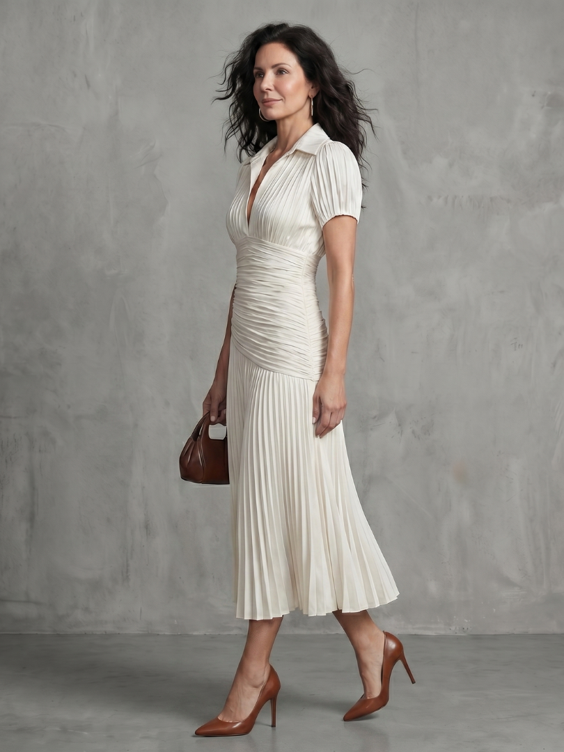 Vestido Midi de Rayas con Cintura Plisada