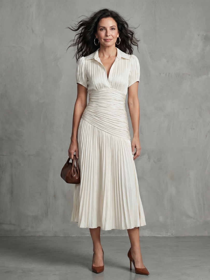 Vestido Midi de Rayas con Cintura Plisada