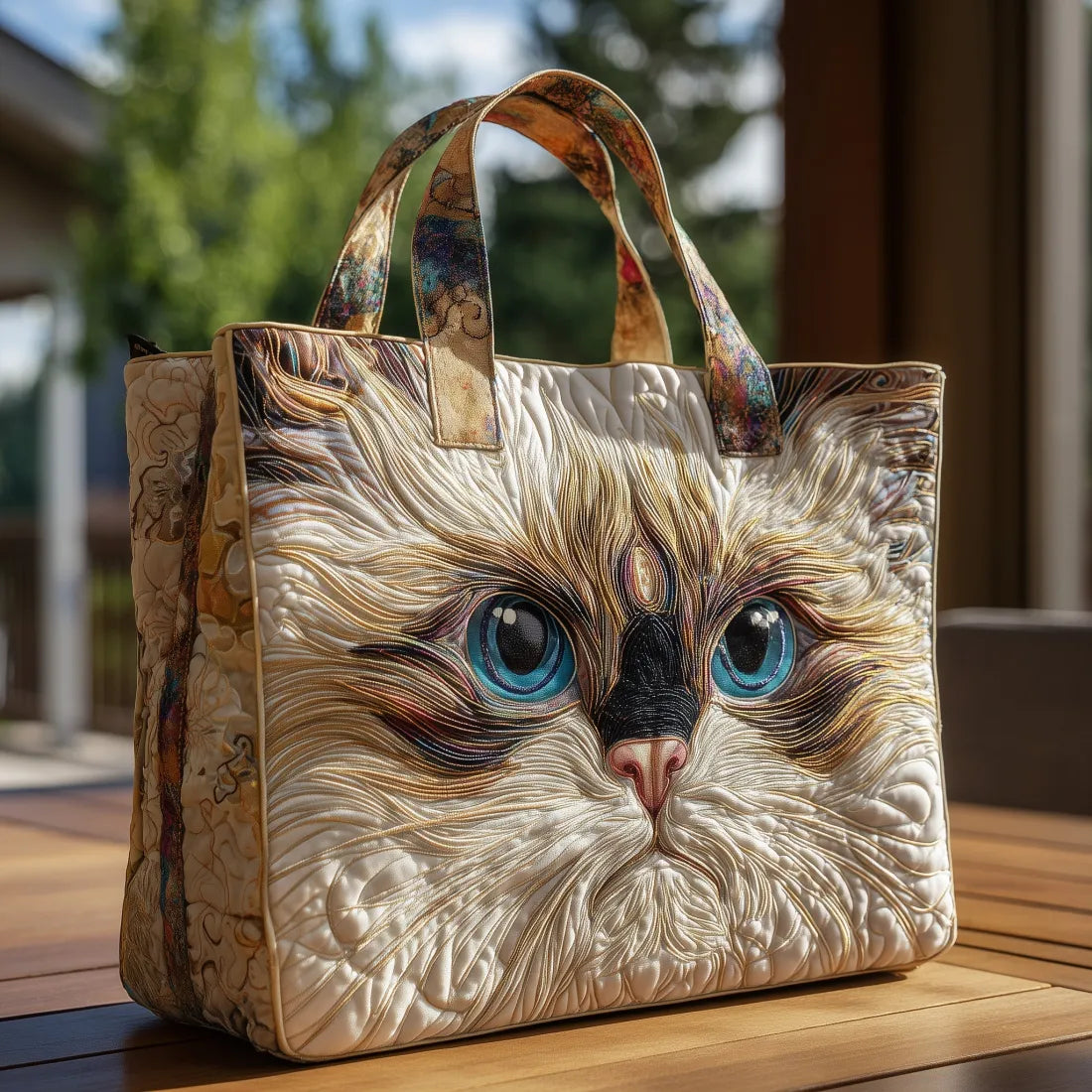 Bolso artesanal con gato blanco de ojos azules