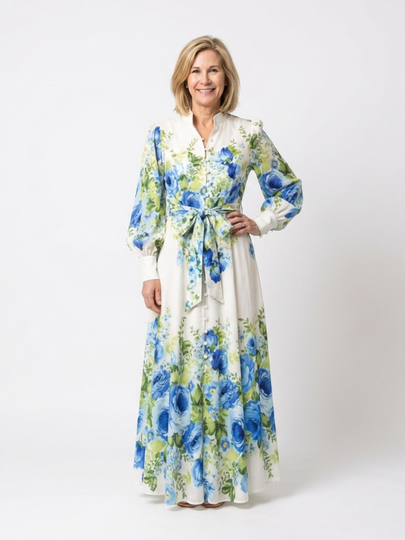 Vestido Maxi Floral de Manga Larga con Botones