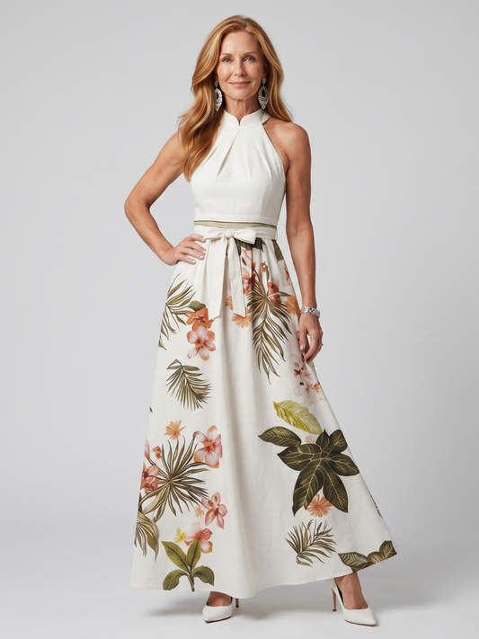 Vestido Maxi Botánico Drapeado con Escote Halter