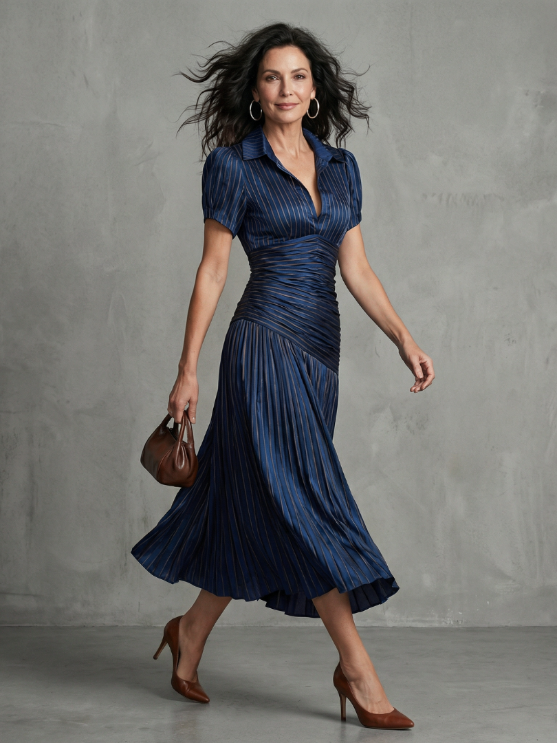 Vestido Midi de Rayas con Cintura Plisada