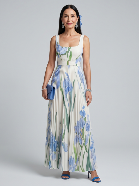Vestido Midi sin Mangas con Escote Cuadrado y Flores