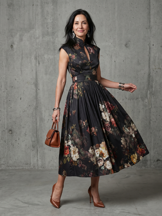 Greta | Vestido Midi Floral Plisado con Cuello Alto y Abertura