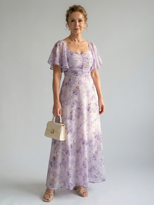 Vestido Midi Floral con Mangas Volantes