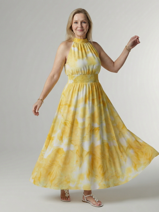 Vestido Midi Halter con Cintura Fruncida