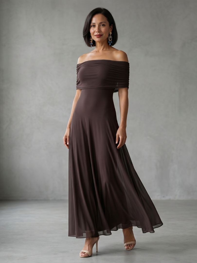 Vestido Midi Drapeado con Escote Bardot