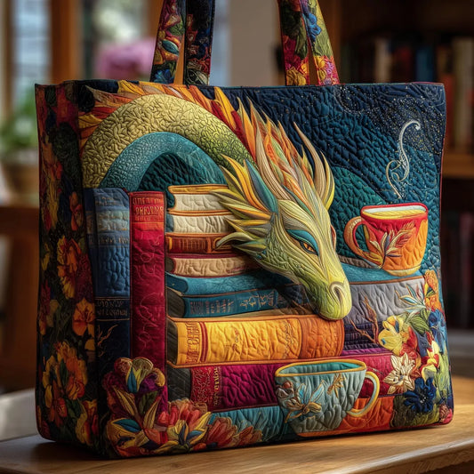 Bolso de hombro artesanal con dragón, libros y tazas