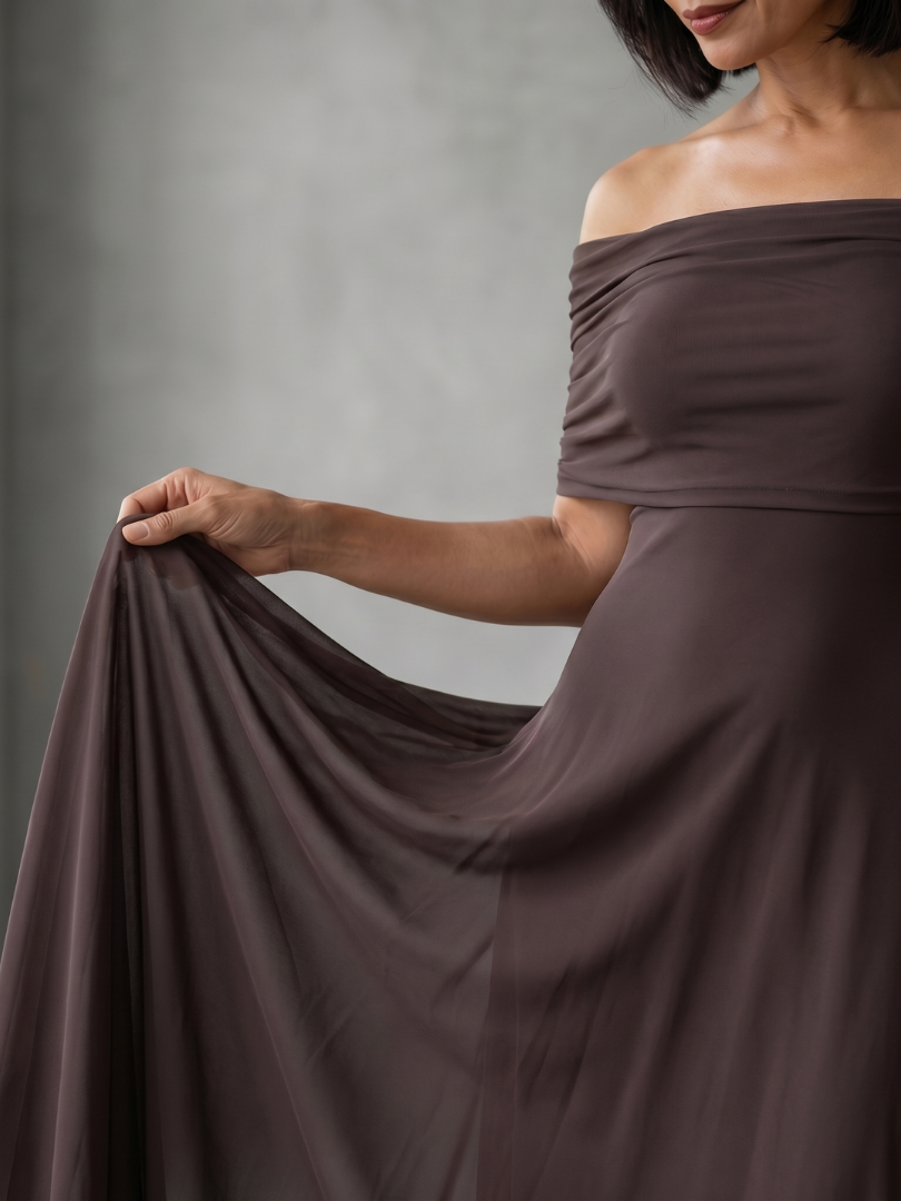 Vestido Midi Drapeado con Escote Bardot