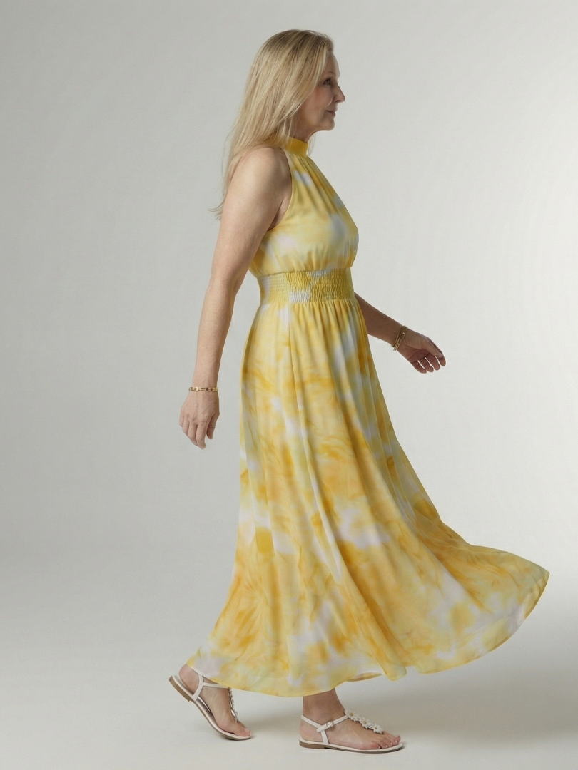 Vestido Midi Halter con Cintura Fruncida