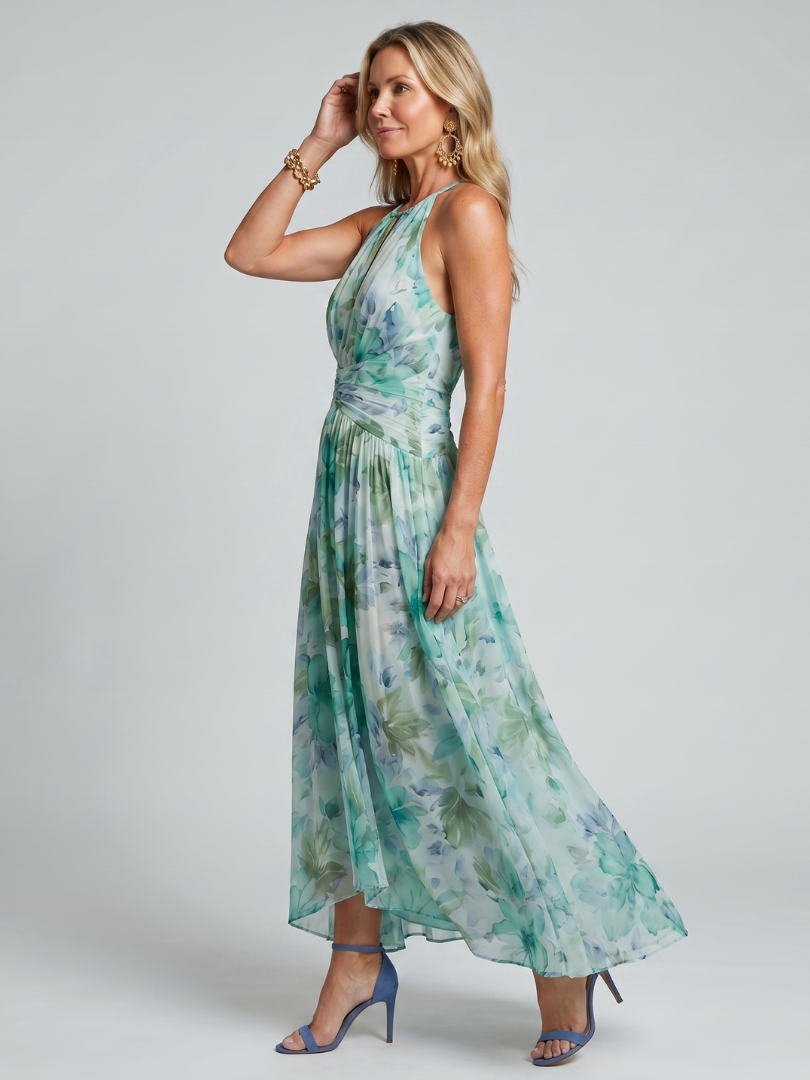 Portia | Vestido Midi Halter Floral Plisado