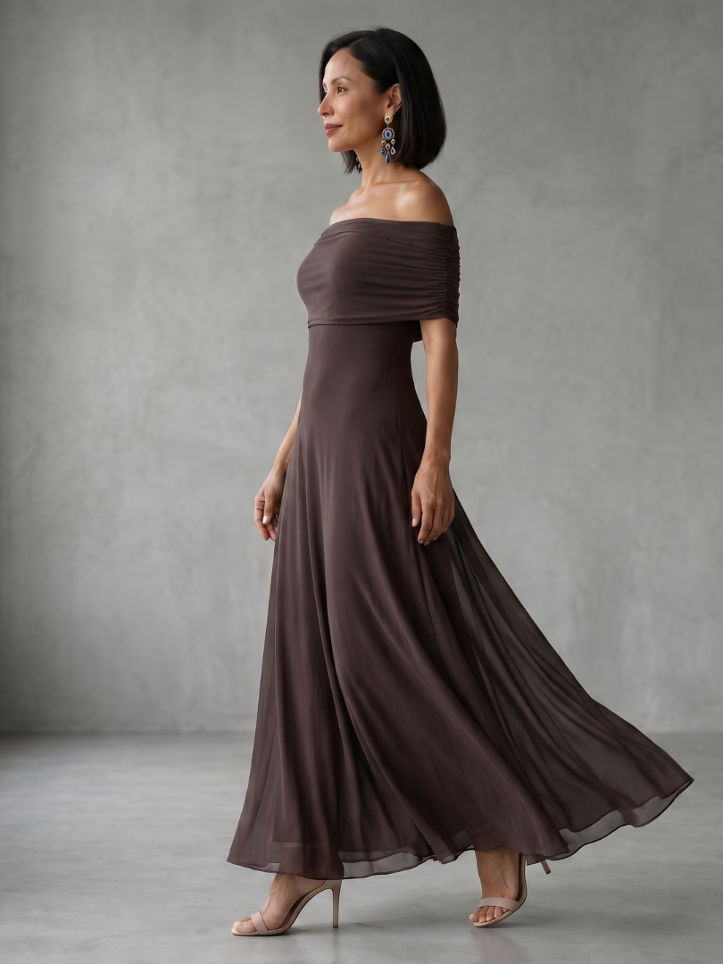 Vestido Midi Drapeado con Escote Bardot