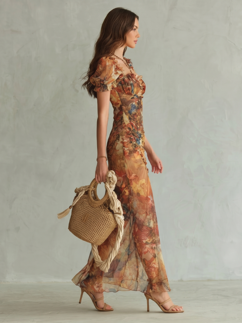 Ciel | Vestido Midi Fruncido con Manga de Volante y Abertura