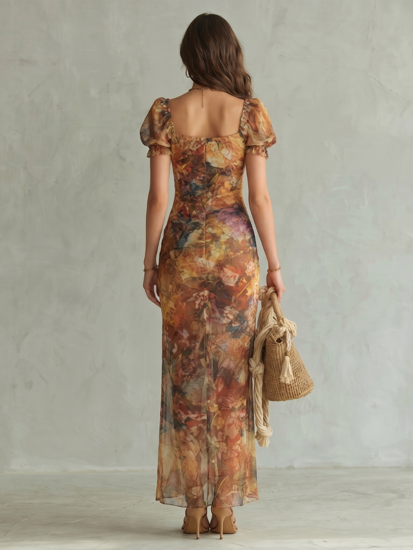 Ciel | Vestido Midi Fruncido con Manga de Volante y Abertura