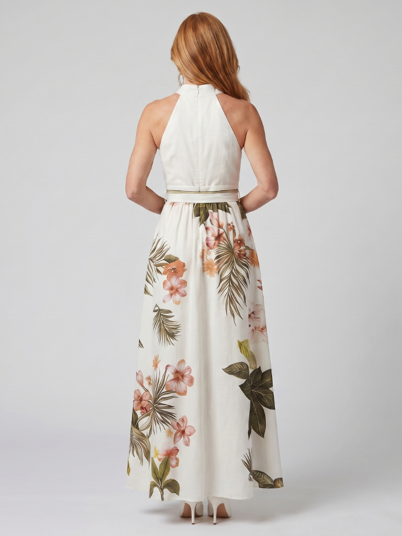 Vestido Maxi Botánico Drapeado con Escote Halter