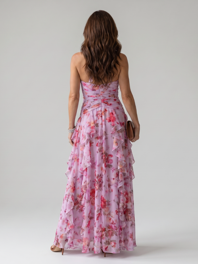 Vestido Maxi Floral con Escote Halter y Volantes