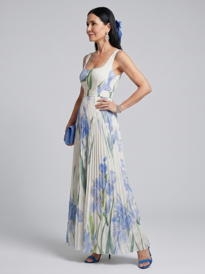 Vestido Midi sin Mangas con Escote Cuadrado y Flores