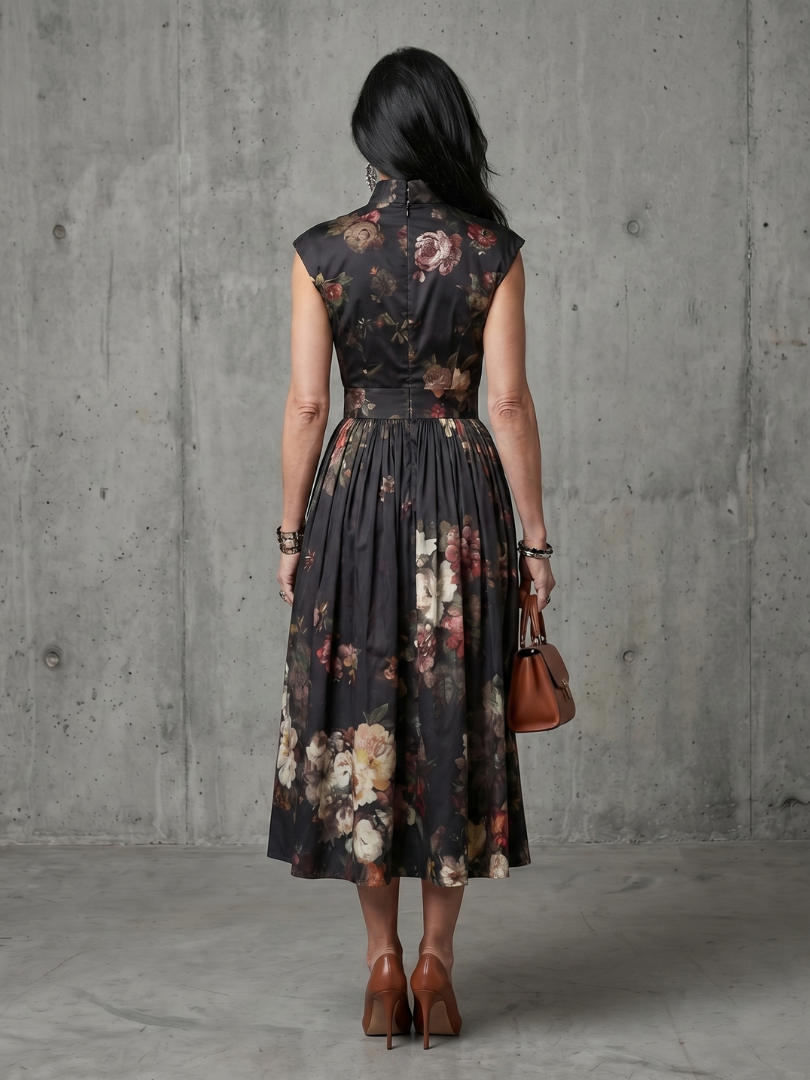 Greta | Vestido Midi Floral Plisado con Cuello Alto y Abertura