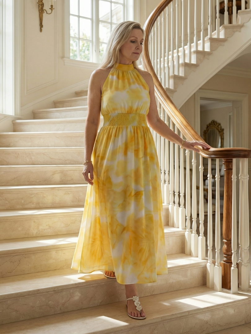 Vestido Midi Halter con Cintura Fruncida