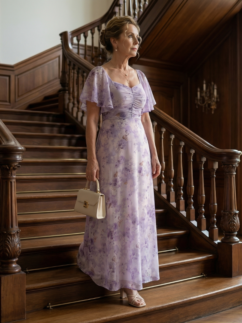 Vestido Midi Floral con Mangas Volantes