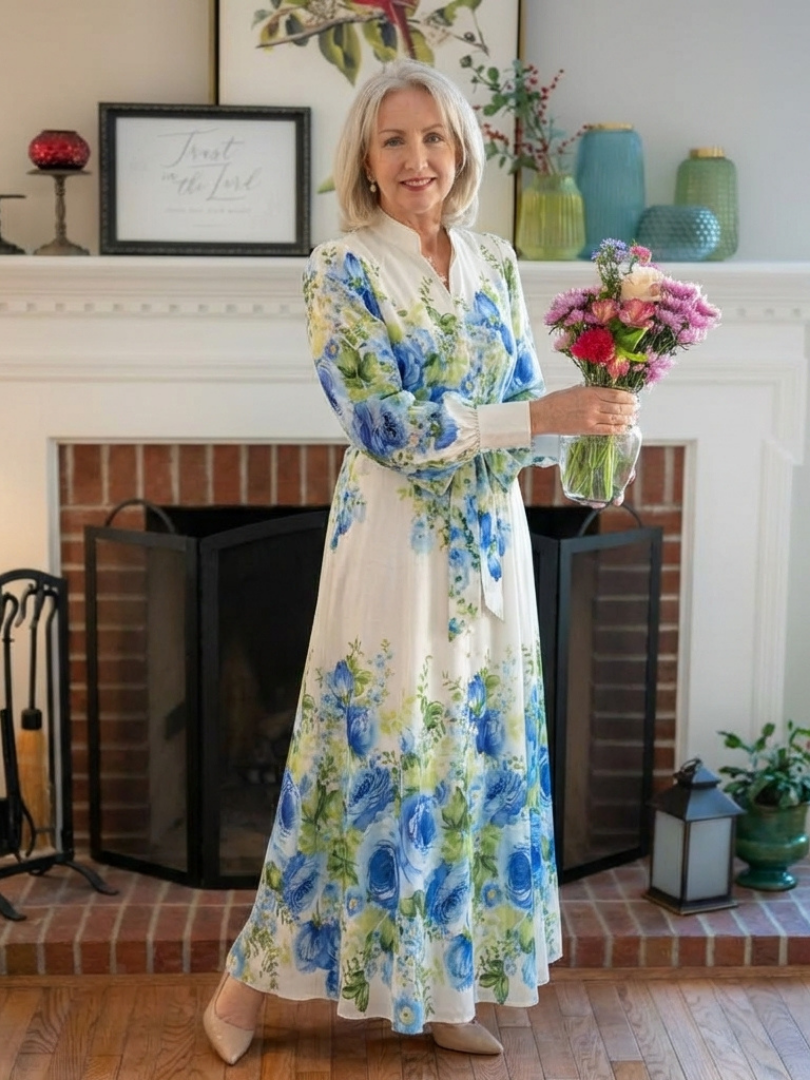 Vestido Maxi Floral de Manga Larga con Botones
