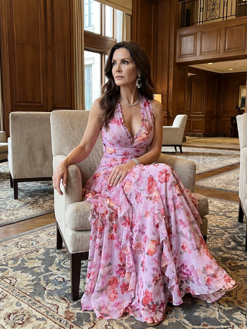 Vestido Maxi Floral con Escote Halter y Volantes