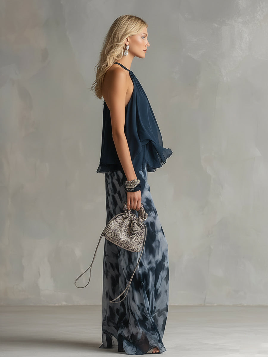 Ludovica™ | Conjunto Elegante de Top Halter Azul Marino y Pantalón Ancho Estampado