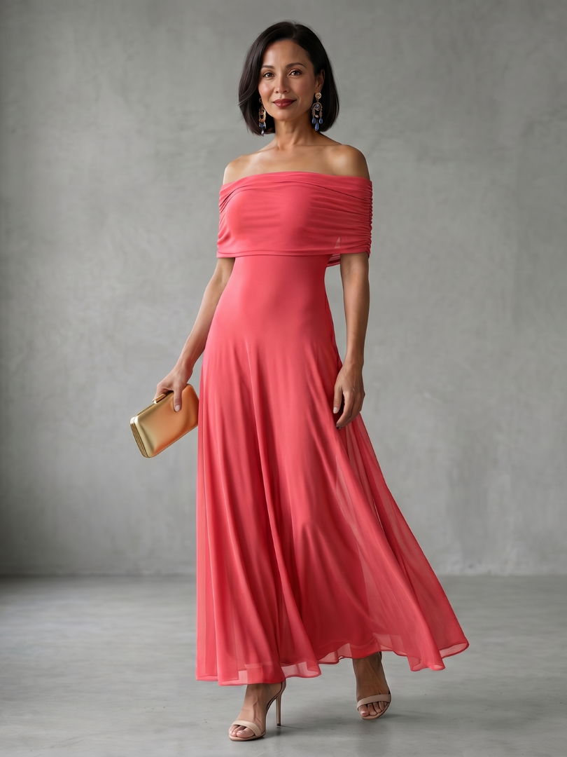 Vestido Midi Drapeado con Escote Bardot