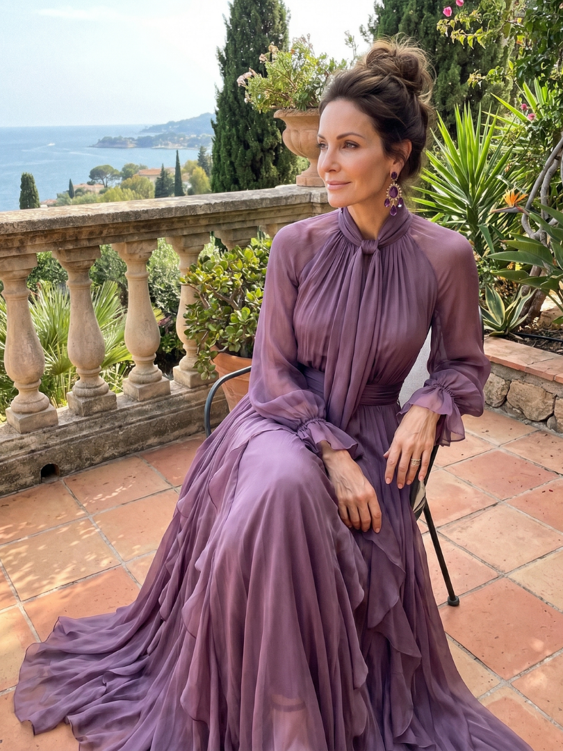 Demetria | Vestido Maxi con Volantes y Cuello Anudado