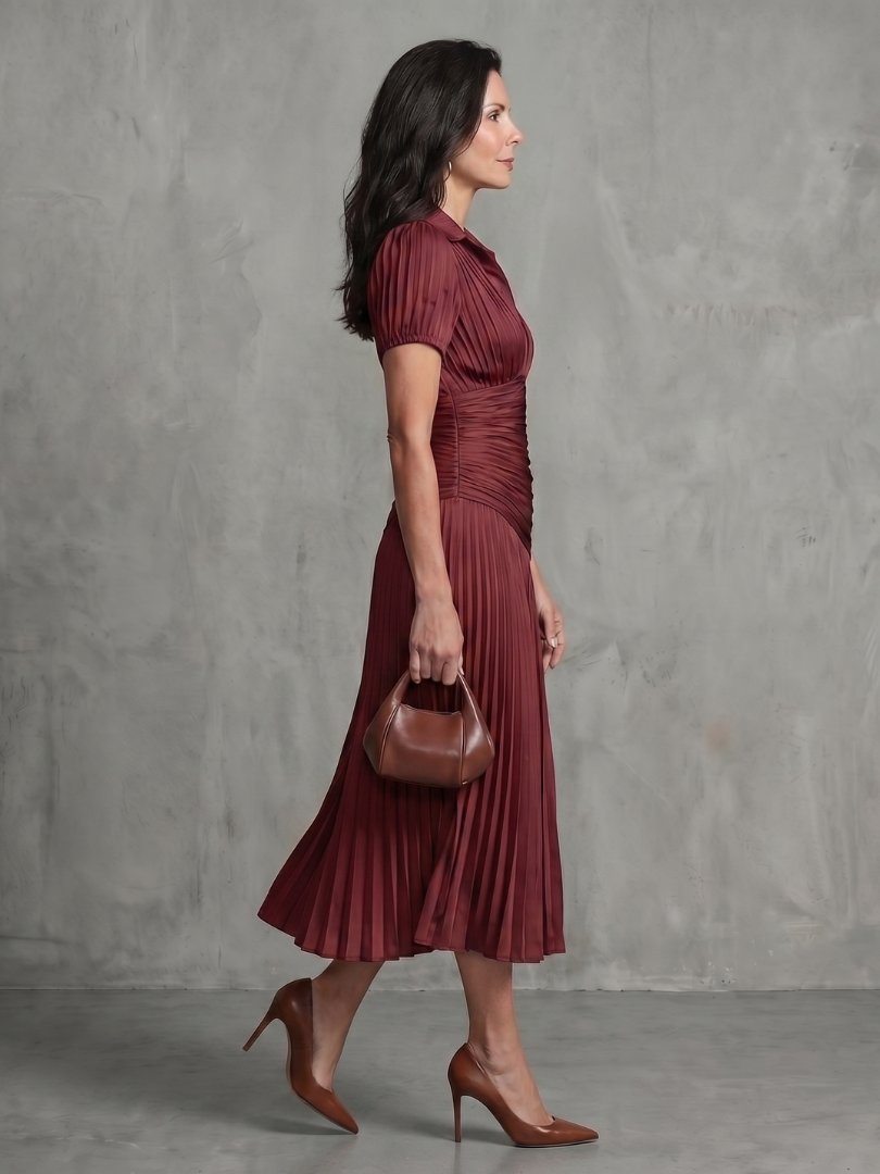 Vestido Midi de Rayas con Cintura Plisada