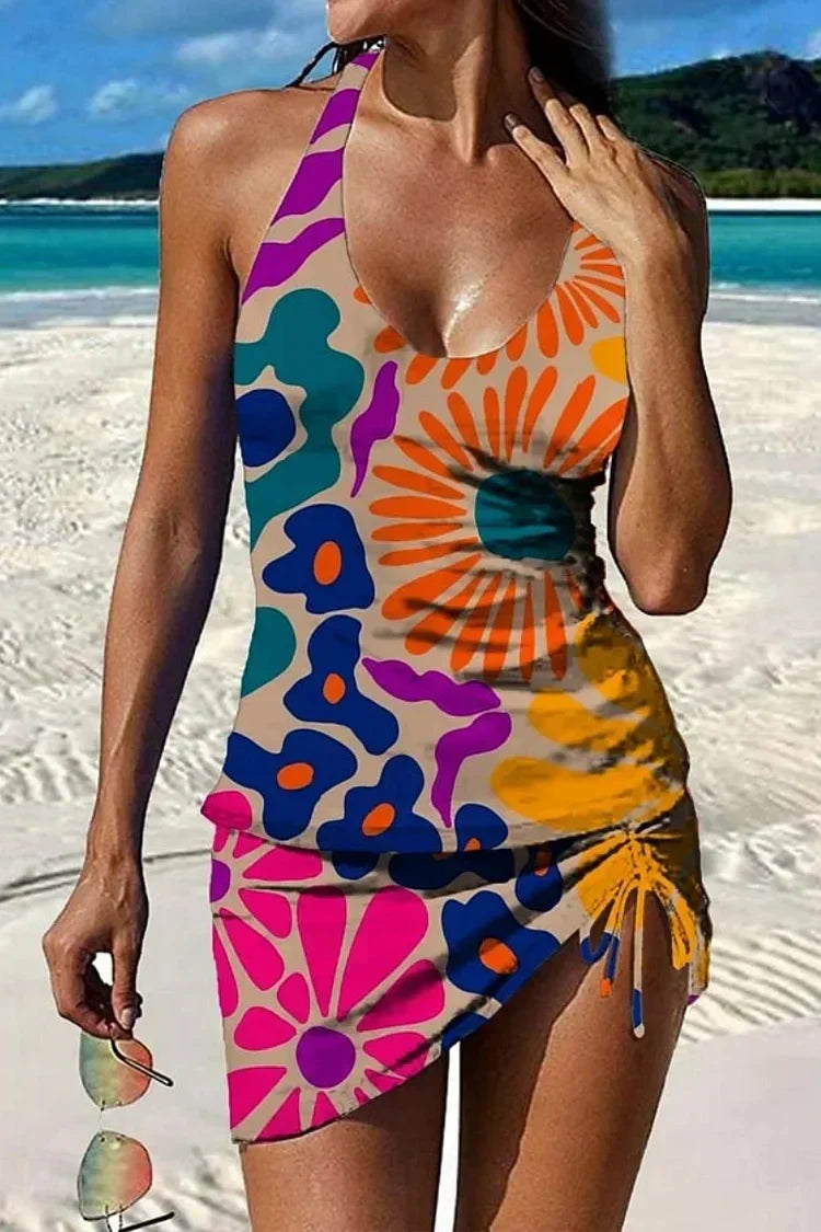 Elena – Tankini floral gráfico con short y efecto vientre plano