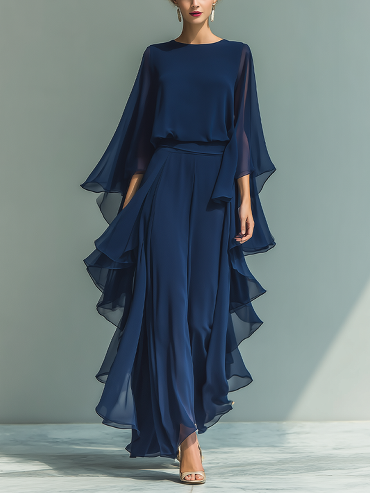 Conjunto gasa azul marino mangas acampanadas ruchés
