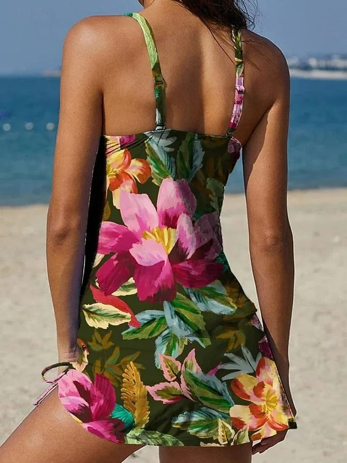Elena – Tankini floral gráfico con short y efecto vientre plano
