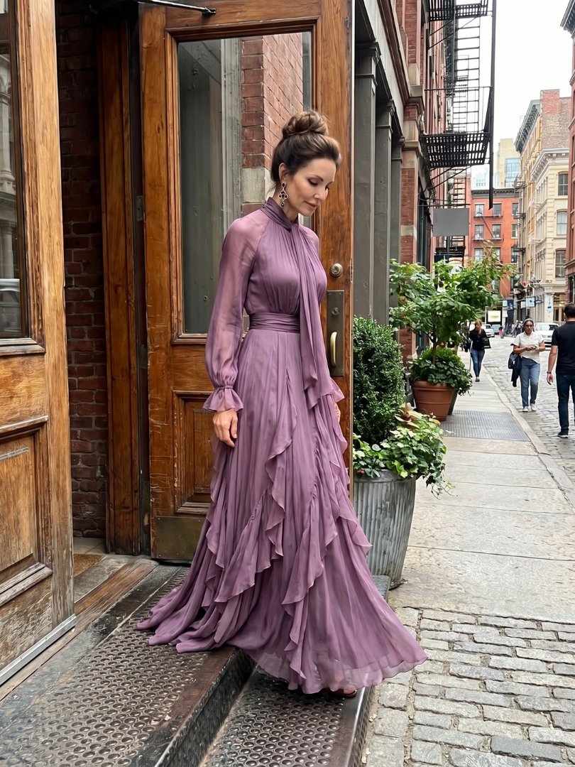 Demetria | Vestido Maxi con Volantes y Cuello Anudado