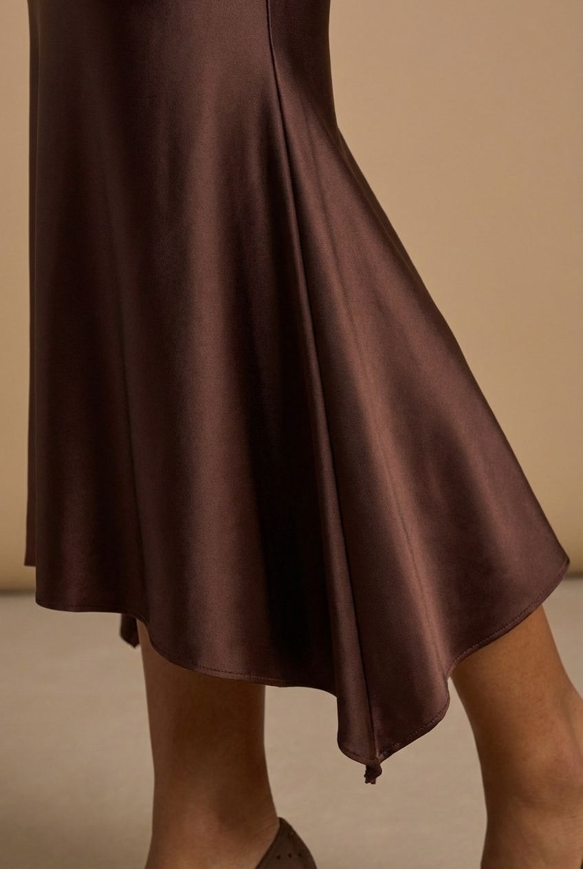 Sirena | Asymmetric Cocoa Satin Midi Dress