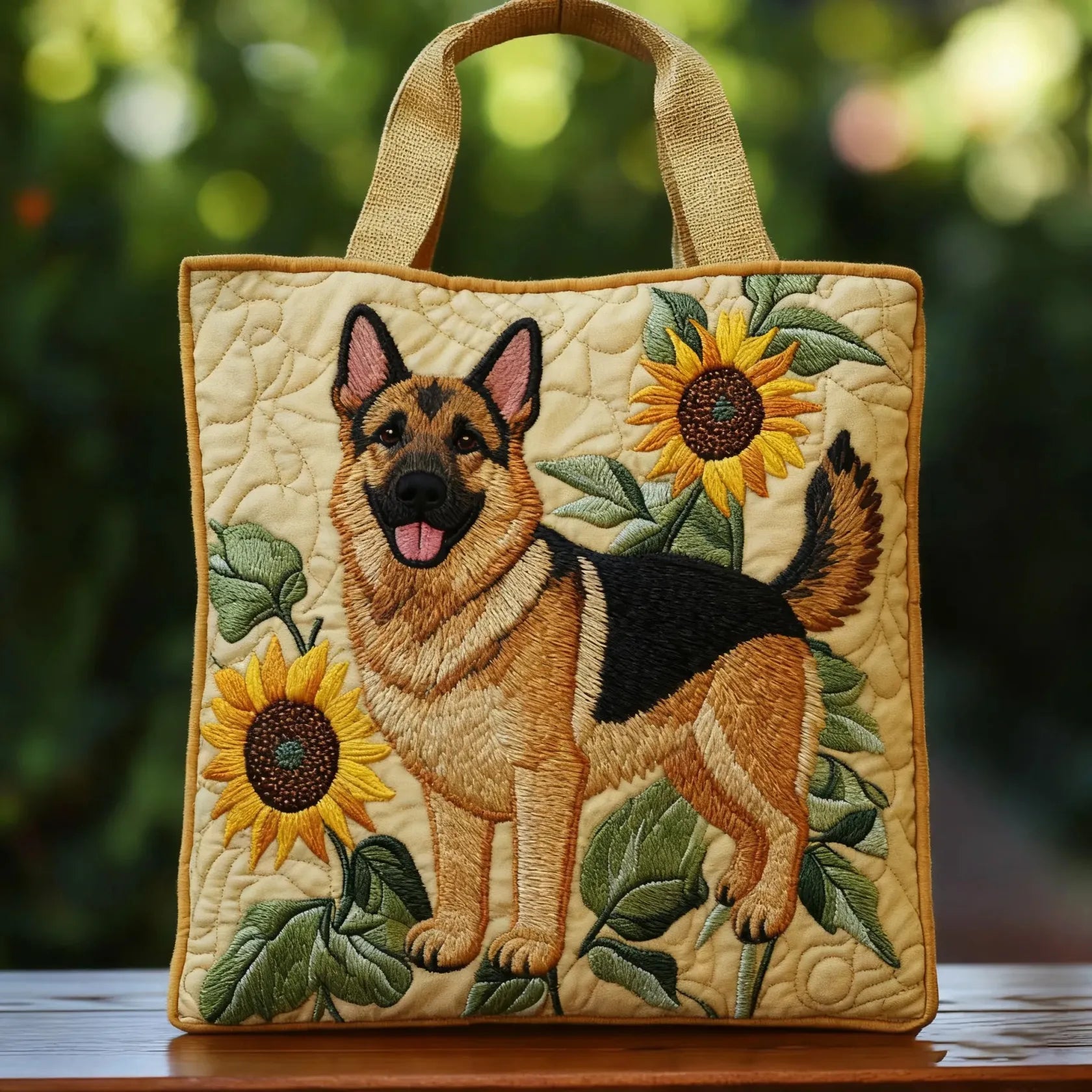 Bolso floral artesanal con pastor alemán