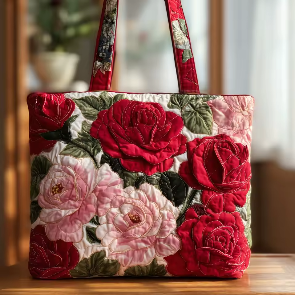 Bolso acolchado hecho a mano con rosas rojas