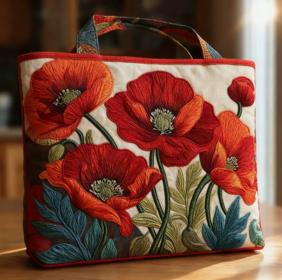 Bolso acolchado hecho a mano con estampado de amapolas