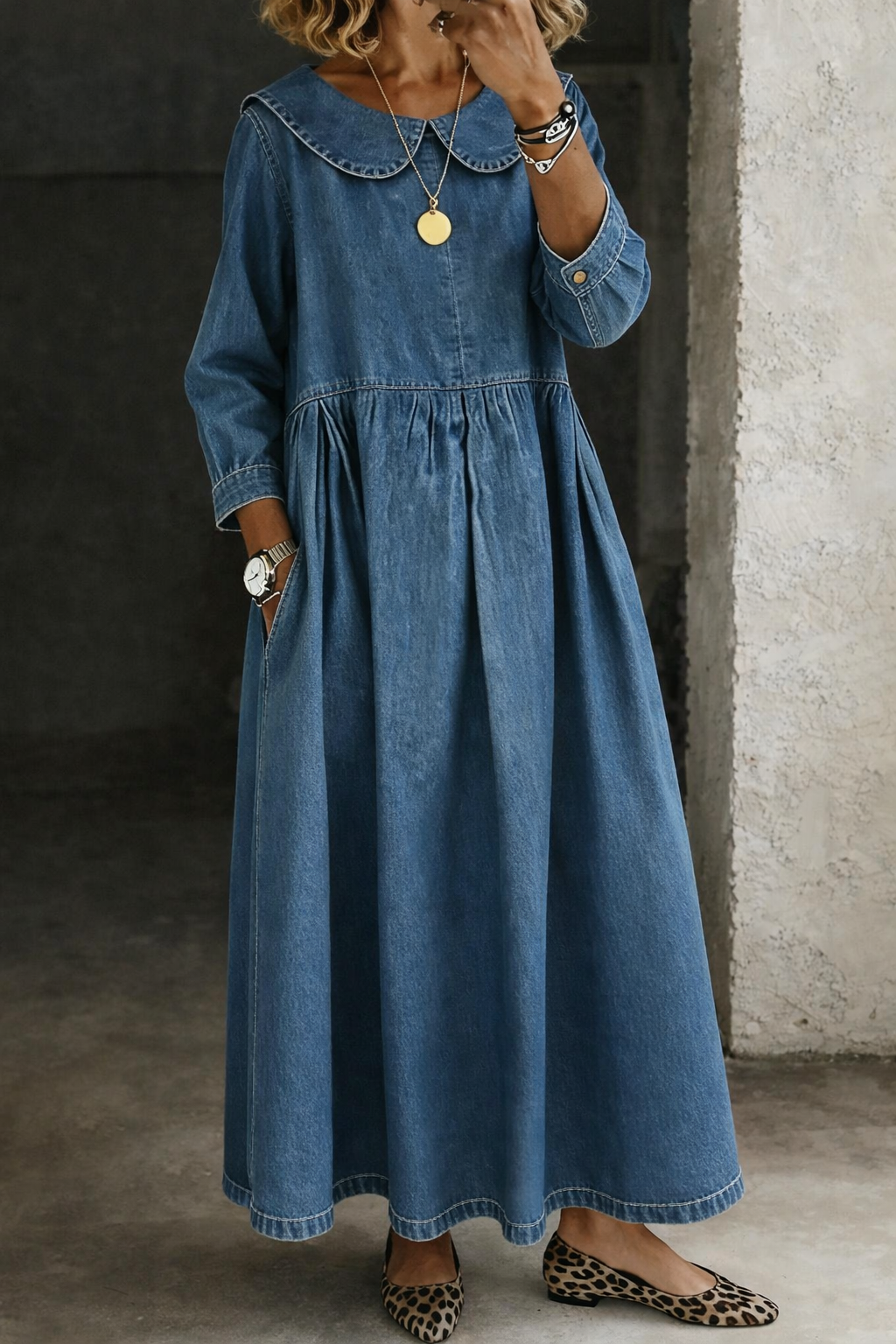 Clara™ | Vestido vaquero cuello Peter Pan