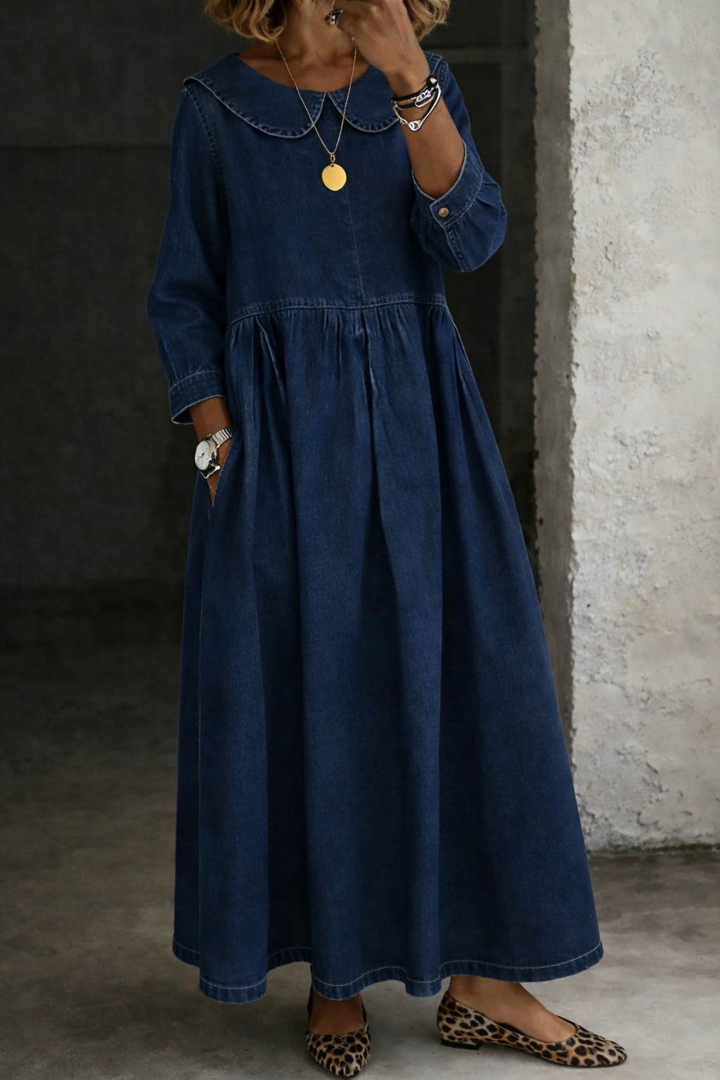 Clara™ | Vestido vaquero cuello Peter Pan