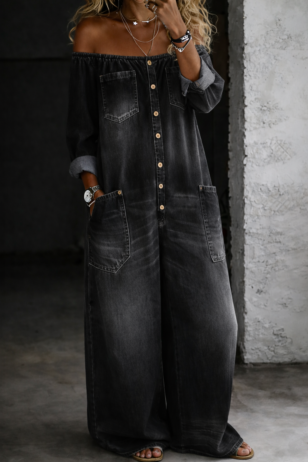 Elena™ | Conjunto denim hombros al descubierto